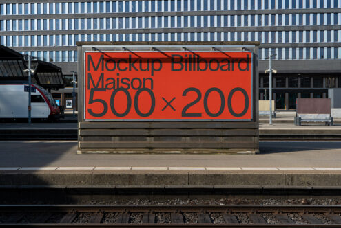 Outdoor billboard mockup in a train station environment for advertising design presentation, featuring urban backdrop, suitable for graphic assets.
