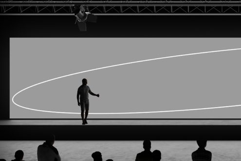 Presenter on stage with minimalist design, audience silhouettes, modern mockup for event visuals, perfect for conference graphics display.